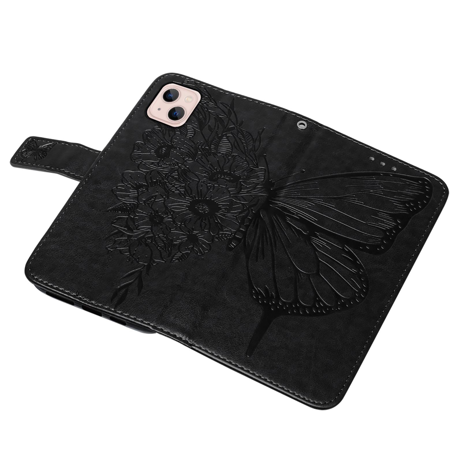 YB Imprinting Series-4 For iPhone 15 PU Leather Stand Phone Case Wallet Butterfly Flower Imprinted Cover with Hand Strap - Black YB Imprinting Series-4 For iPhone 15 PU Leather Stand Phone Case Wallet Butterfly Flower Imprinted Cover with Hand Strap - Black
